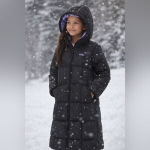 Patagonia Girls Down Hooded Puffer Coat Black Floral Lining Size M (10